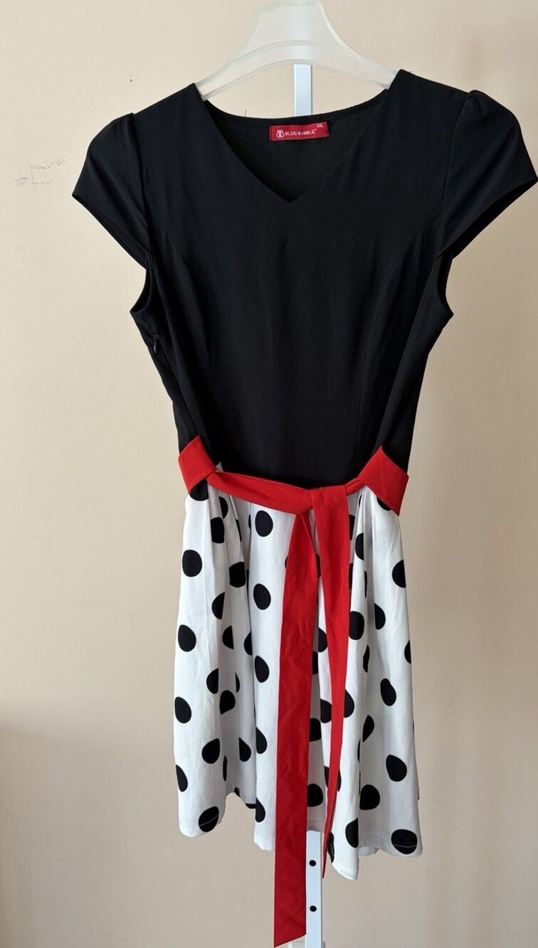 Vtg. 50’s Blue Bubble Black White Red Shirtwaist Polka Dot Skirt Dress XXL Mod